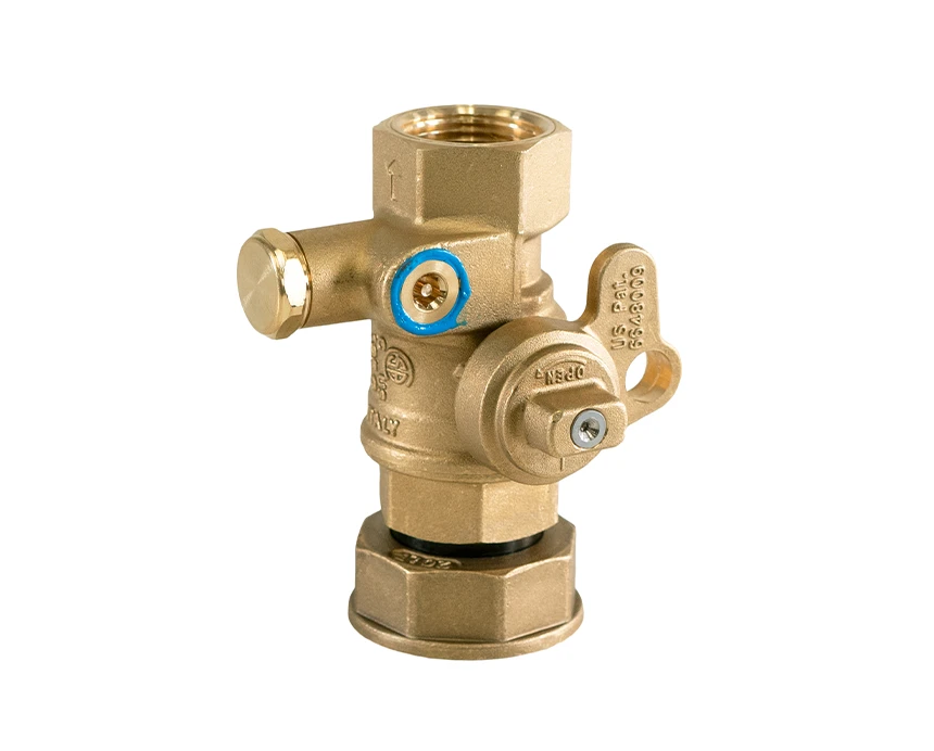 125-lwbp-s - A brass gas valve with multiple connectors and a small blue adjustment knob, designed for regulating flow. It is positioned against a plain white background.