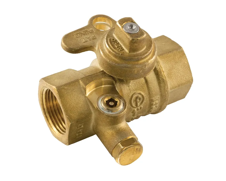 Image of 125-lwbp Residential Bypass Lockwing - A brass gas ball valve with a rotary handle, threaded connections, and a T-shaped design is shown against a white background, conveying functionality.