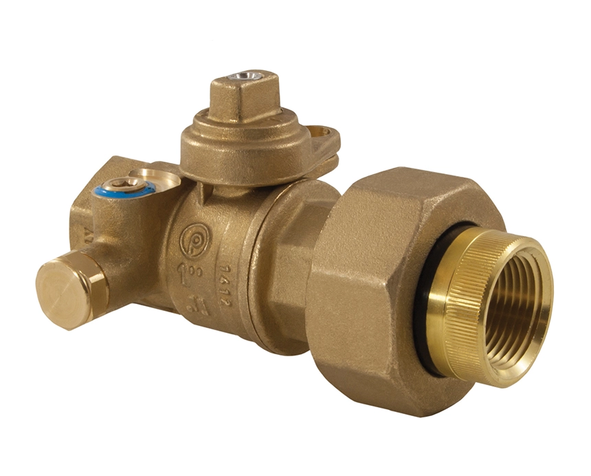 125-lwibp - Bronze gas ball valve with a threaded connection and a side access port. It features a lever handle and a sealing mechanism, conveying functionality.