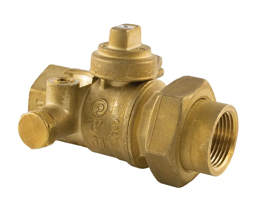 125-lwubp - A brass gas ball valve with a threaded connector, designed for plumbing or industrial use. The valve features a hexagonal nut and a rotating handle for control.
