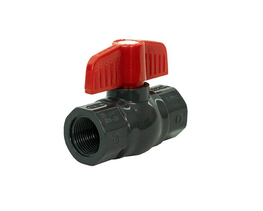 t-701 - A black PVC ball valve with a red lever handle is shown on a white background. The valve is positioned horizontally, with threads visible on either end.