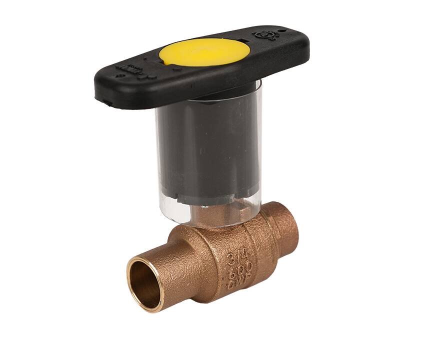 S-200CSS-IH - Bronze gas ball valve with a black control handle featuring a yellow center. The valve is sturdy, cylindrical, and designed for precise gas flow control.