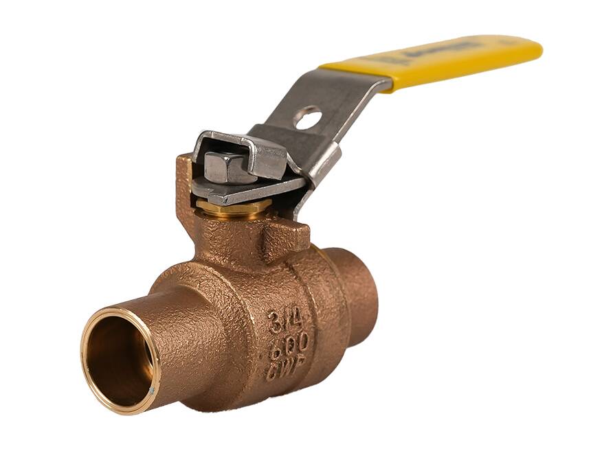 S-200CSS-LH - Bronze ball valve with a yellow lever handle, engraved with "3/4 600" text. The valve shows a sturdy industrial design against a white background.
