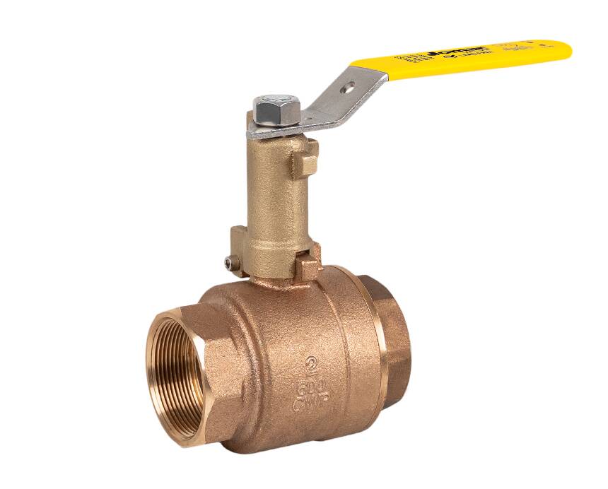 T-200CSS-EH - A brass ball valve with a yellow lever handle is shown. It features threaded connections on both ends for pipe fitting. The setting is neutral and industrial.