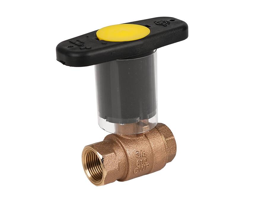 T-200CSS-IH - A brass gas valve with a black plastic handle featuring a yellow circular center. The valve's threaded ends are visible, indicating its connection points.
