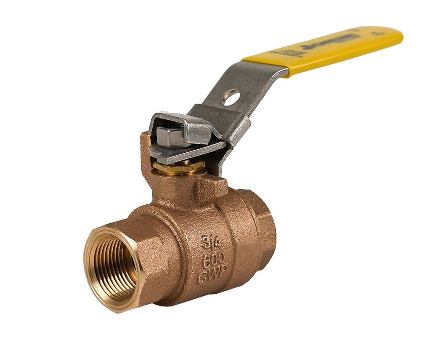 T-200CSS-LH - Brass ball valve with a yellow steel lever handle turned to the side, set against a plain white background, showing a rugged industrial finish.