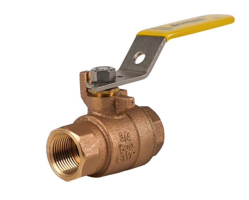 T-200CSS - Bronze ball valve with threaded ends and a yellow lever handle, marked "3/4 600 WOG." The valve is positioned against a plain white background.