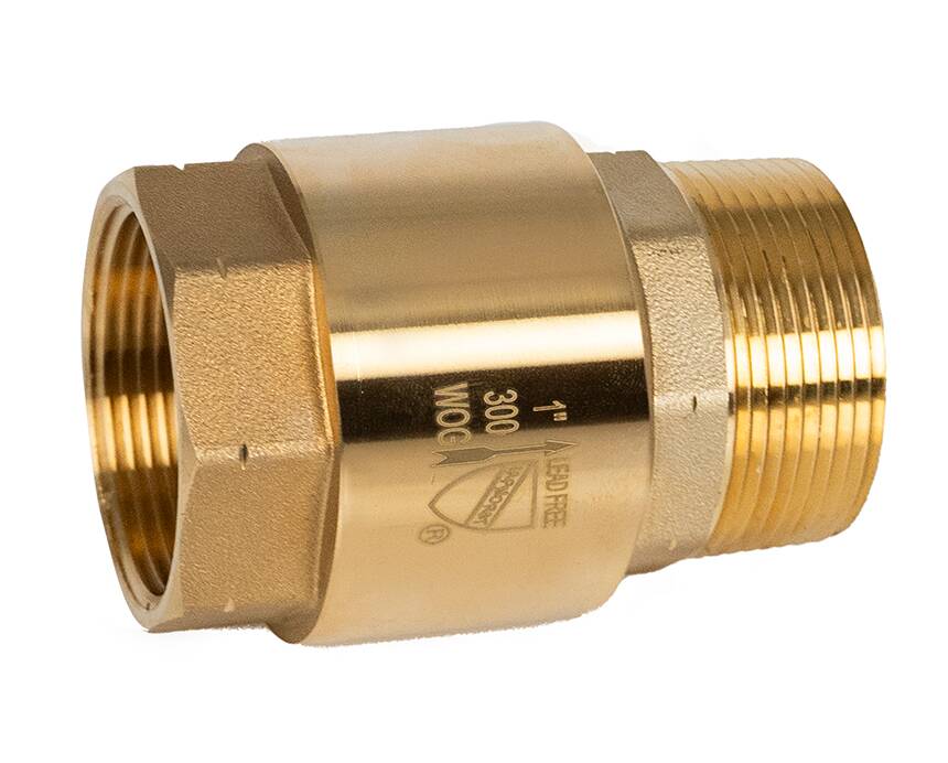 T-521G MxF - A brass check valve with threaded ends, featuring a shiny metallic finish. The valve shows engraved specifications and brand markings.