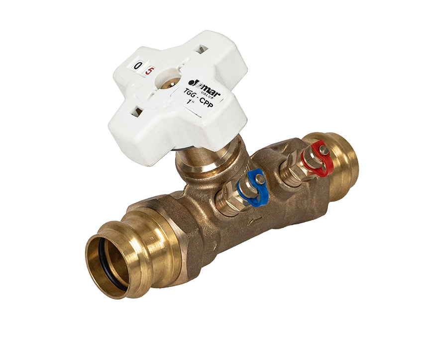 TGG - Press - A brass plumbing valve with a white cross-shaped handle affixed to the top. One side has a blue marking, and the other side has a red marking.