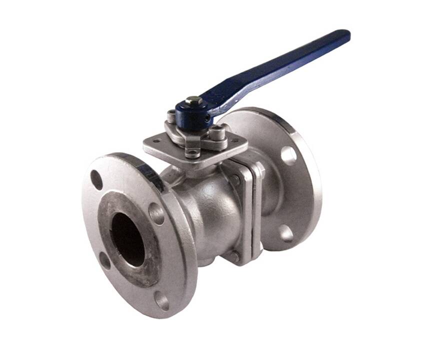 FL-CS-100-150 - A metal ball valve with a blue lever handle, featuring flanged ends for connecting pipes. The valve is in a neutral position on a white background.