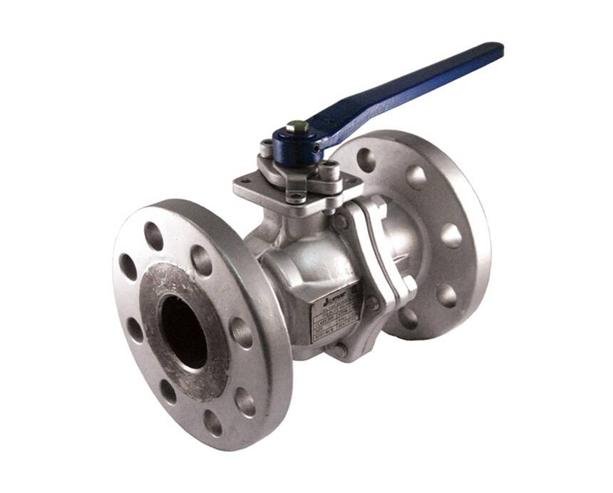 FL-CS-100-300 - Steel ball valve with blue handle, featuring flanged ends, designed for industrial piping systems. The metal surface is polished and reflects light subtly.