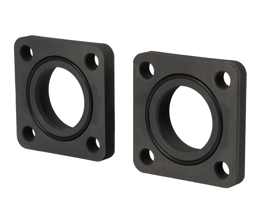 matingflanges-cs-type-a - Two black square plastic mounting brackets with central circular openings and four corner screw holes, displayed against a white background.