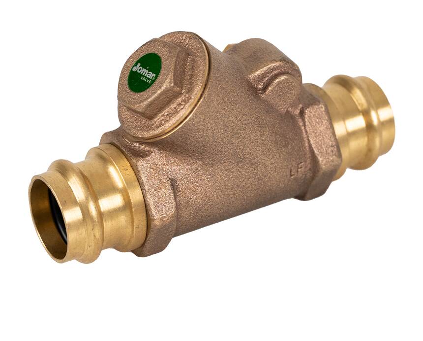 P-511G - Bronze check valve with brass fittings, featuring a cylindrical body and a green logo on top. The valve is designed for fluid control in plumbing.