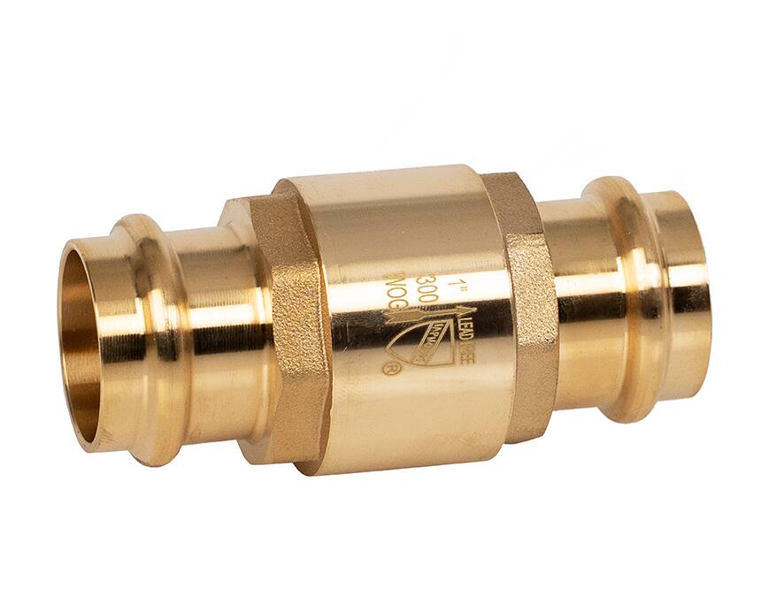 p-521g - A brass check valve with smooth, cylindrical connectors and a central hexagonal section, shown against a plain white background.