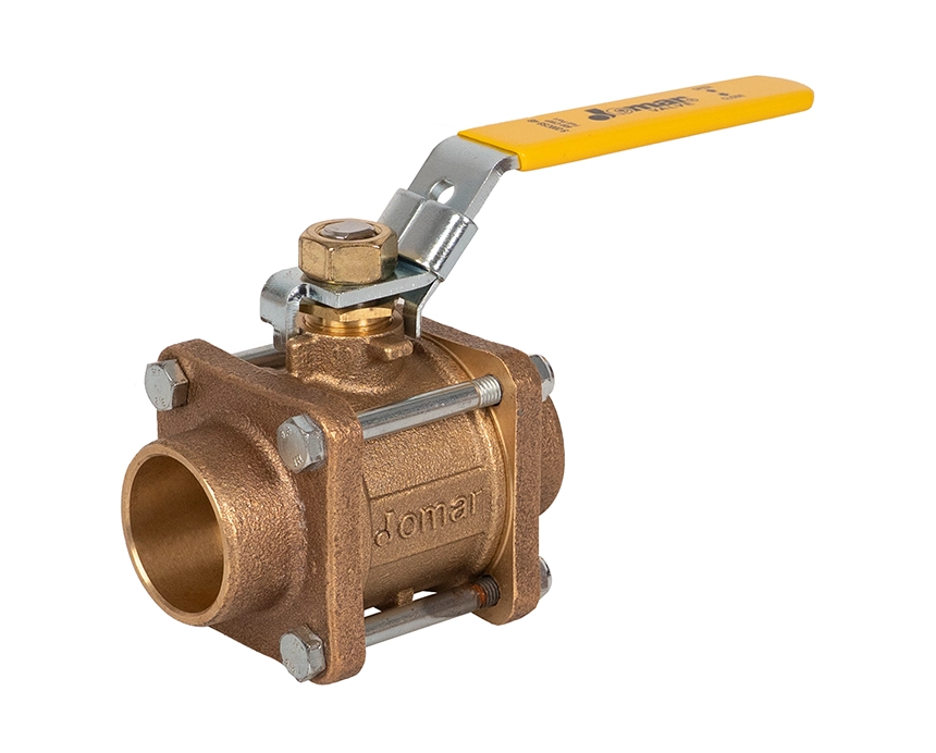 s-200ss-4b - Bronze ball valve with a yellow handle, featuring a four-bolt assembly and threaded openings on both ends. The valve appears sturdy and industrial.