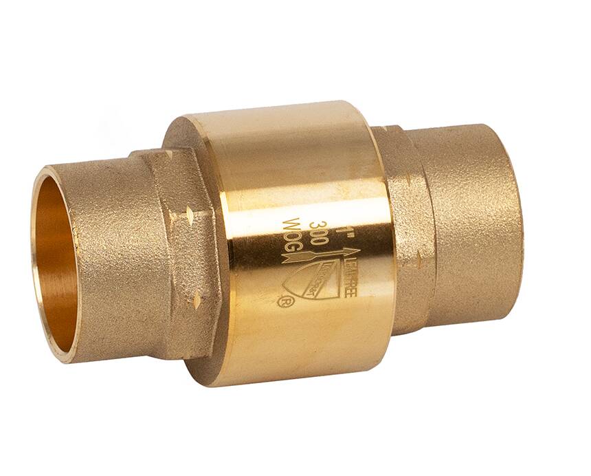 s-521g - A brass check valve with cylindrical design, featuring a smooth, polished finish. Engraved markings are visible, indicating specifications.