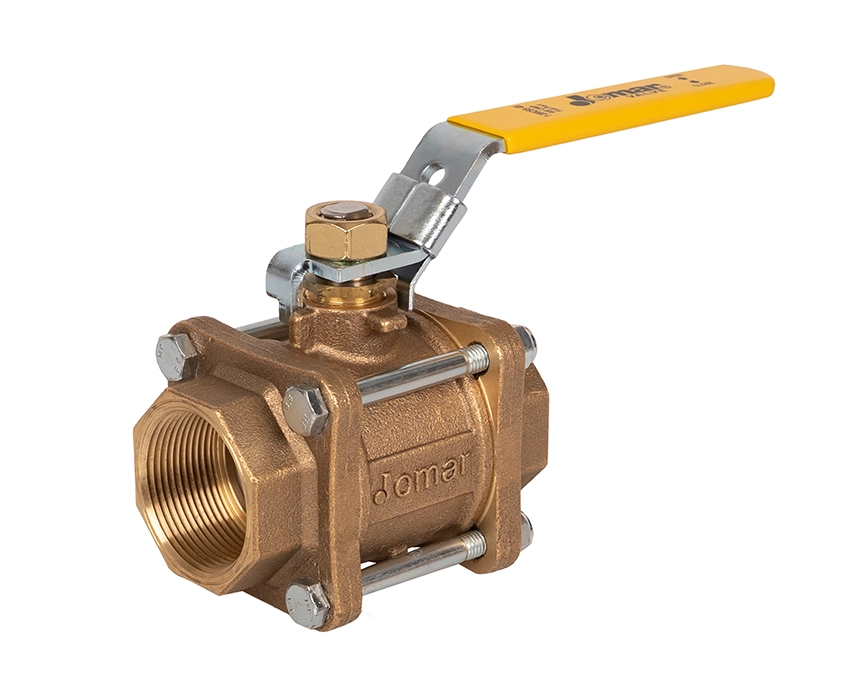 t-200ss-4b - A brass ball valve with a yellow handle, showing thread fittings on both sides. The valve is positioned on a white background, conveying a sturdy, industrial feel.