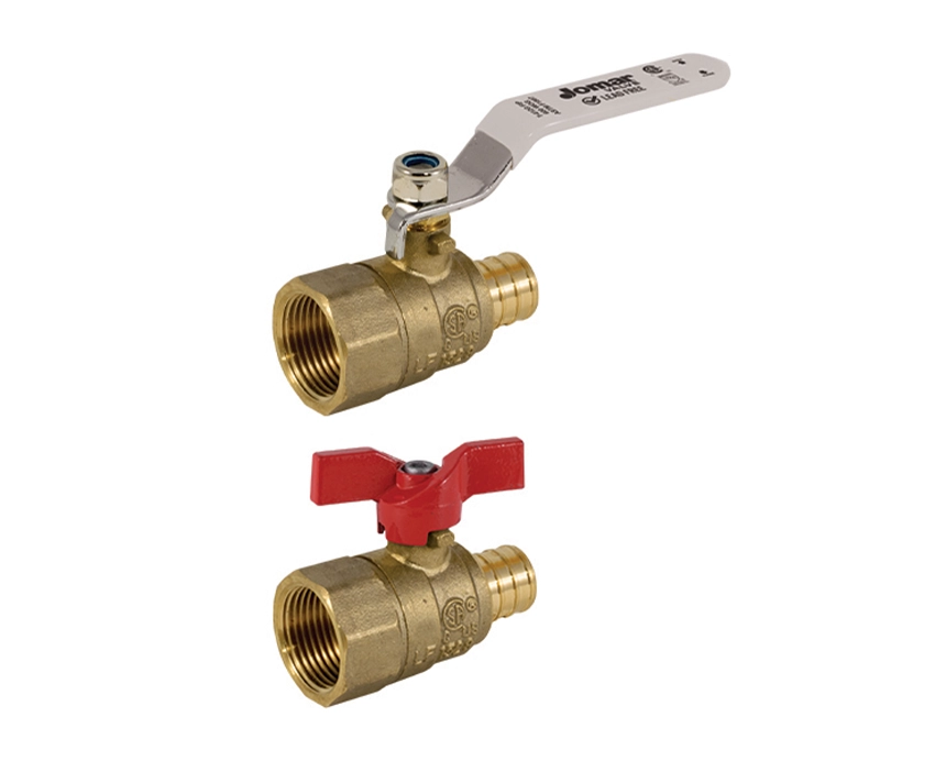 t-412g-fip_group - Two bronze brass ball valves are shown. The top valve has a silver lever, and the bottom valve has a red butterfly handle. They are isolated on a white background.