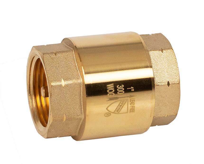 t-521g - Brass check valve with threaded ends, featuring engraved specifications on its surface. Bright, metallic appearance on a white background.