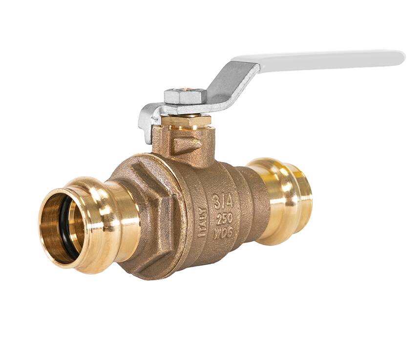 JP-100G - A brass ball valve with a lever handle, featuring shiny connectors on both ends. The valve is clean and isolated on a white background.