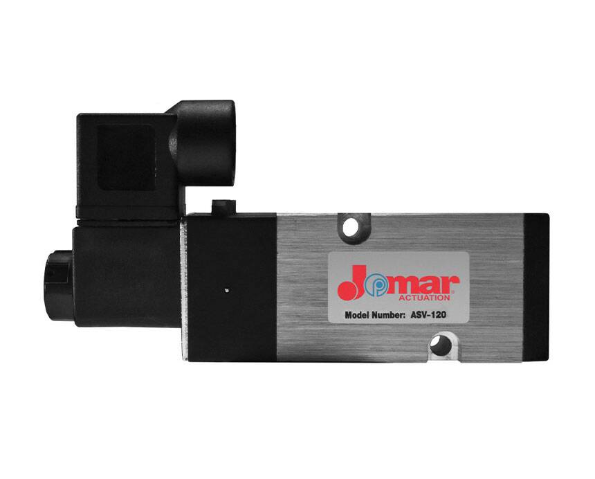asv-120 - Industrial solenoid valve with a metal body and a black electrical connector. The label reads "Jomar" with model number "AB9-120."