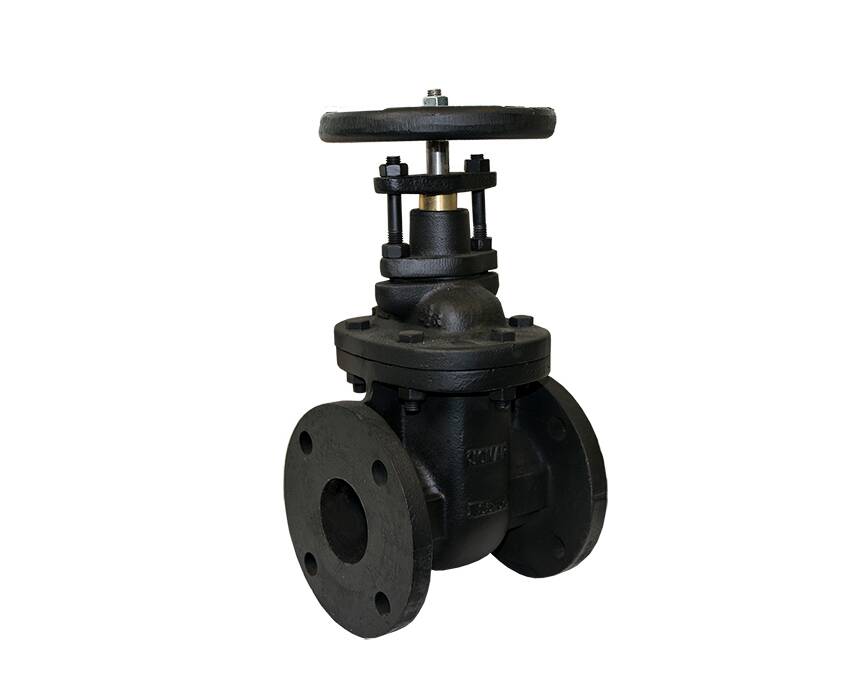 F-351 - Black industrial gate valve with two flanges for pipe connection, featuring a handwheel on top. The image conveys functionality and durability.