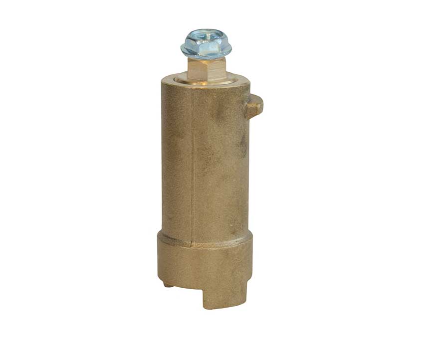 JF-100-Series-Stem-Extension - A brass cylindrical connector with a blue hex head bolt on top. The object is simple, metallic, and industrial in appearance against a white background.