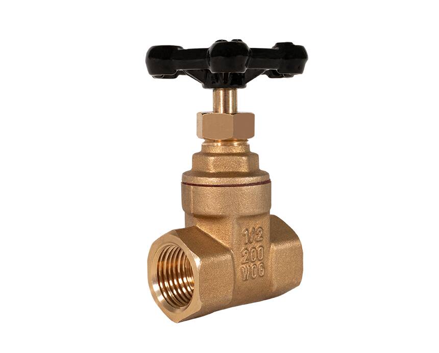 T-301 - Brass gate valve with a black T-handle viewed at an angle. The industrial component has threaded ends and embossed markings on its body.