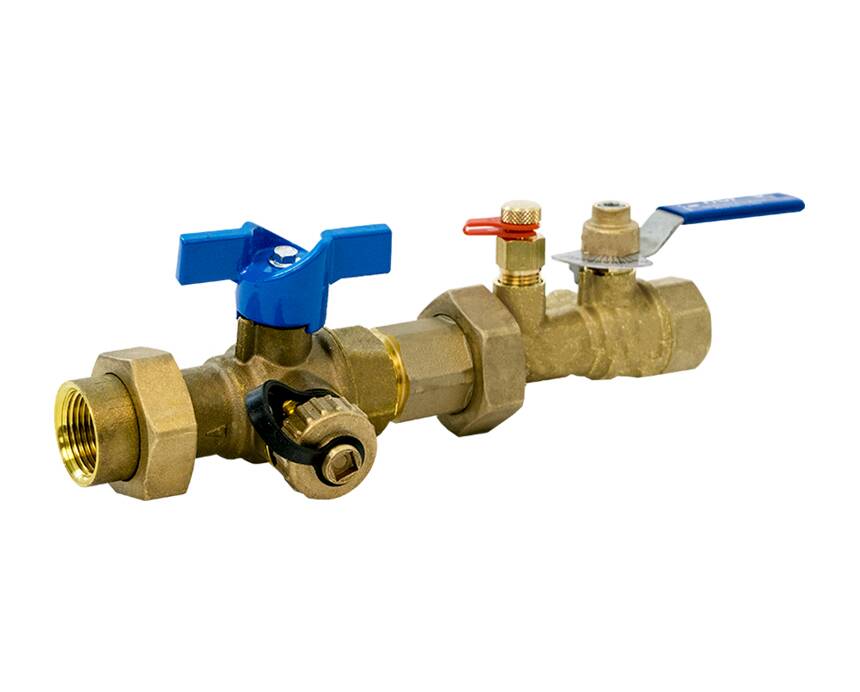 TRAB-BFF-Q - A brass plumbing valve assembly with a blue T-handle, red lever, and blue lever on a white background. The arrangement is functional and industrial.