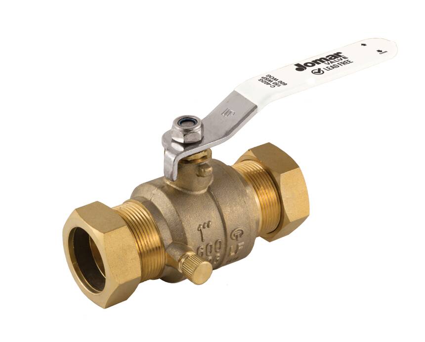 c-402g - Brass ball valve with a white handle and threaded ends, designed for plumbing. The handle is positioned sideways. The tone is industrial and functional.