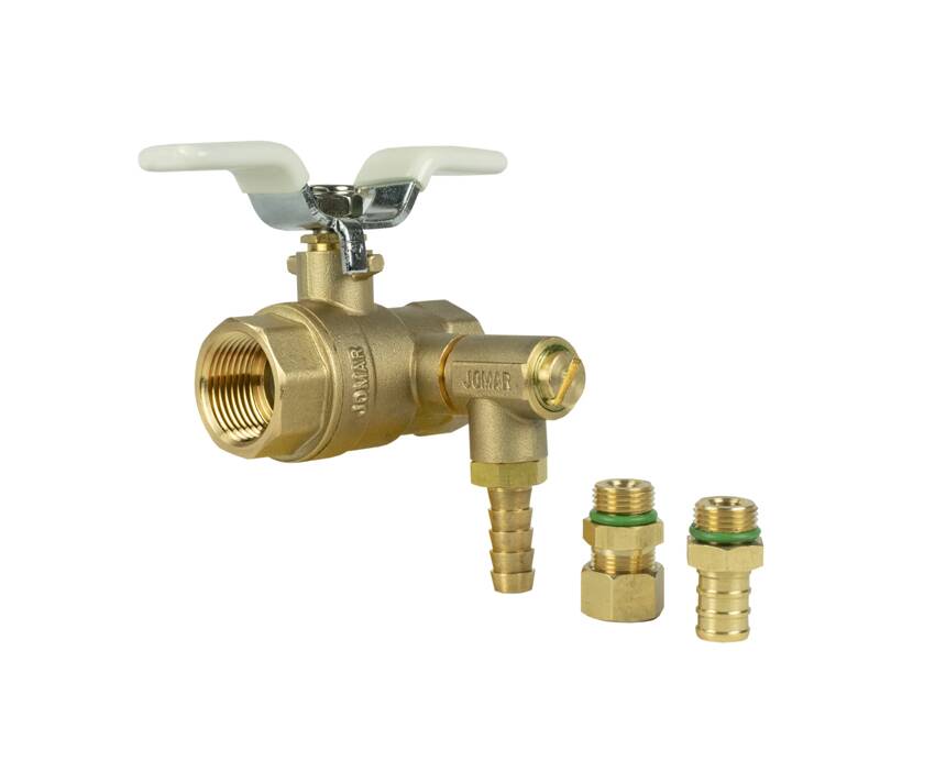 jf-100rvg_threaded - Brass plumbing valve with a white winged handle and threaded connections, accompanied by two smaller brass fittings on a white background.
