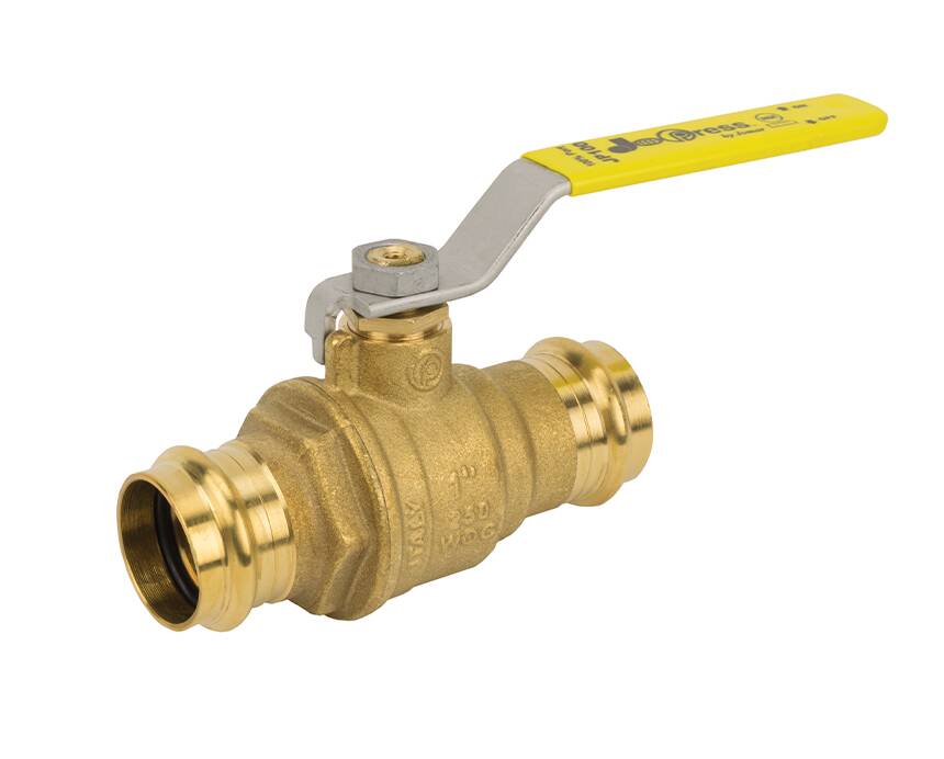jp-100 - A brass ball valve with a yellow lever handle shown against a white background. The sturdy valve has smooth, machined ends and a sleek, metallic finish.