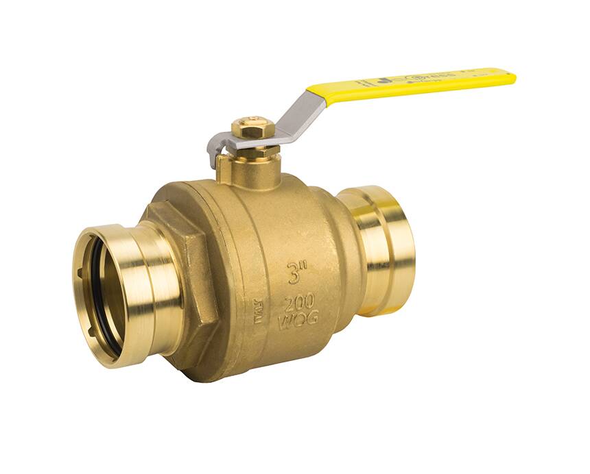 JP-100 XLC - A brass ball valve with a yellow lever handle, designed for controlling fluid flow in pipes. The robust structure emphasizes industrial utility.