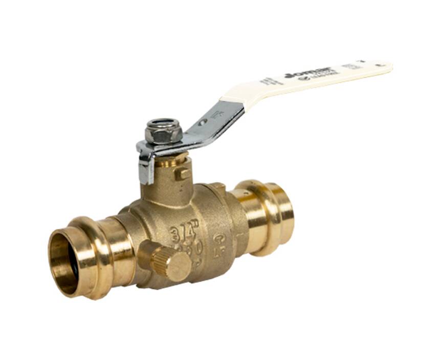 jp-110g - A brass ball valve with a white handle on an isolated white background. The valve features two wide openings for connecting pipes.