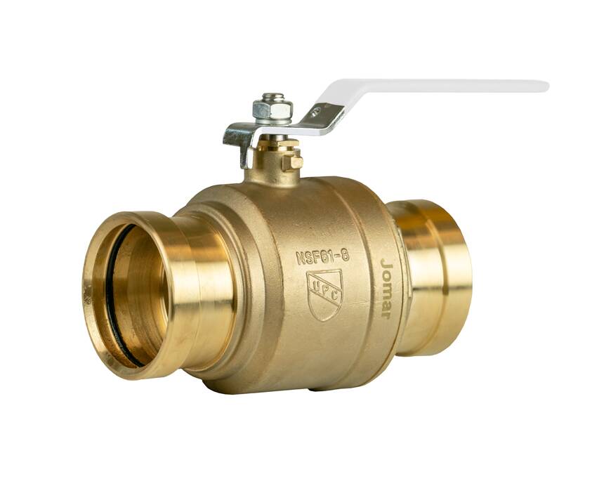 jp-150g - Brass ball valve with a reflective metal lever handle. The cylindrical body has embossed text, indicating industrial use. The tone is utilitarian.