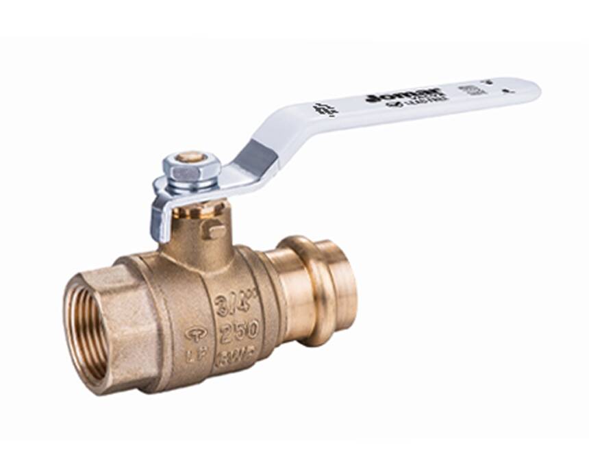 jp-150g_press x fip - Bronze ball valve with a silver lever handle, designed for plumbing systems. The valve features threaded ends for pipe connections, conveying industrial utility.