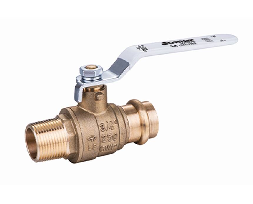 jp-150g_press x mip - A brass ball valve featuring a threaded end and a lever handle, set against a plain white background, conveying a sense of industrial utility.