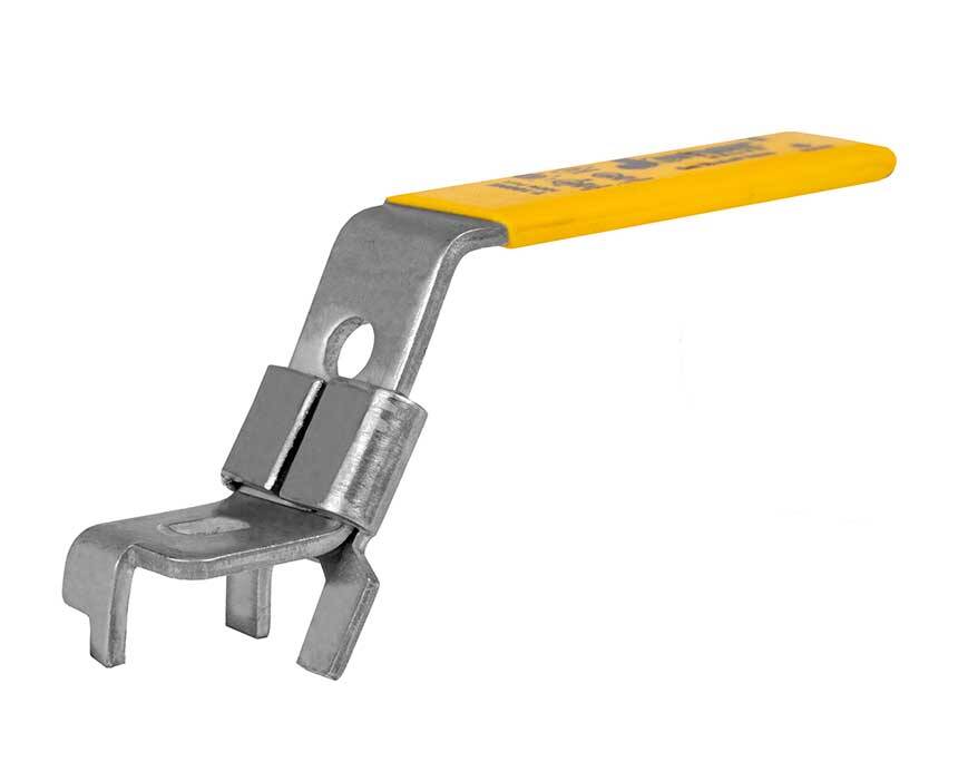 locking-handle-SS - A metal tile lifting tool with a yellow handle and a forked end, designed for precise lifting. The tool is angled, conveying utility and durability.
