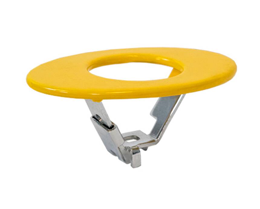oval handle - A bright yellow, circular balloon inflator with a central hole and metallic clamp beneath. The sleek, simple design conveys a modern and playful tone.