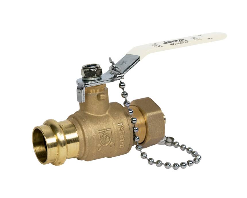 p-100hpg - A brass ball valve with a lever handle, chain fastener, and threaded connectors, set against a plain white background, conveying a practical tone.