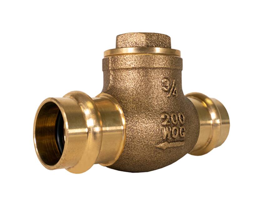 p-501g - Bronze-colored brass check valve with visible markings "3/4" and "200 WOG". It features two connectors, highlighting a durable industrial design.