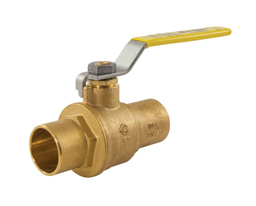 s-100ne - A brass ball valve with a yellow handle is shown, featuring a cylindrical body and a lever for manual operation. The tone is practical and industrial.