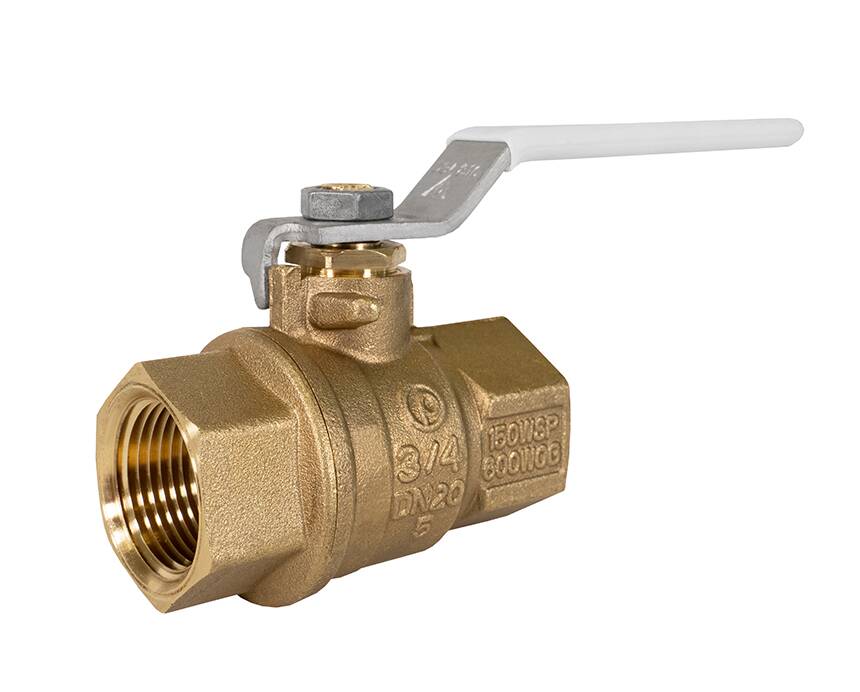 T-100CG - A brass ball valve with a silver lever handle is shown. The valve has threaded ends and engraved specifications, conveying functionality and durability.