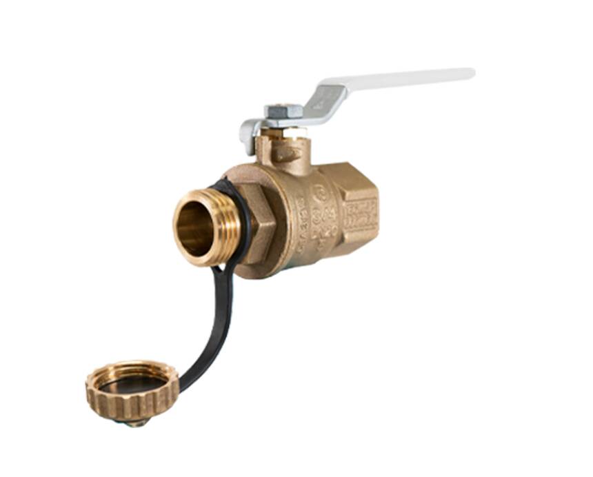 t-100hcg-open - Brass ball valve with a lever handle and a removable cap connected by a flexible strap, against a plain white background.