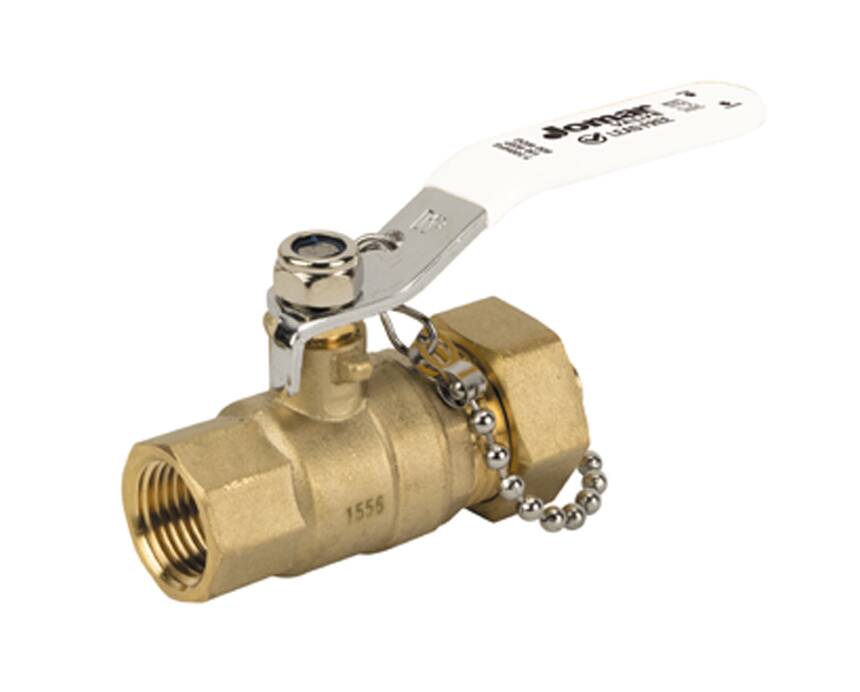 t-100hfg - A brass ball valve with a white handle is shown. The valve has a robust, industrial design with a ball chain attached, conveying utility and durability.