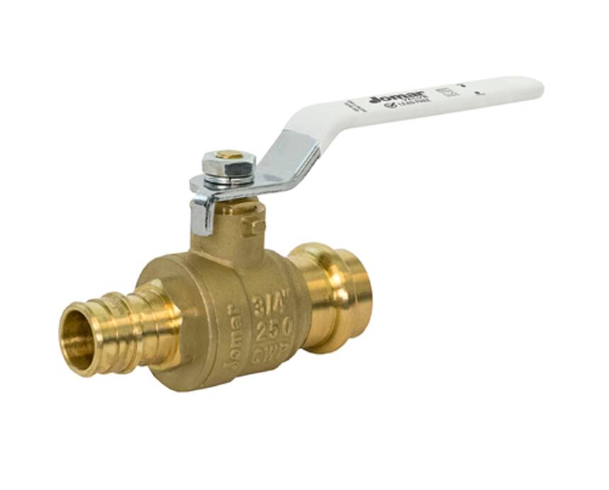 t-422g_press - A brass ball valve with a white lever handle is shown. The valve has ribbed ends for connection, typically used in plumbing for controlling flow.