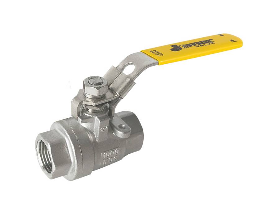 t-ss-900n - A stainless steel ball valve with a bright yellow lever handle. The valve has threaded ends and is positioned against a plain white background.