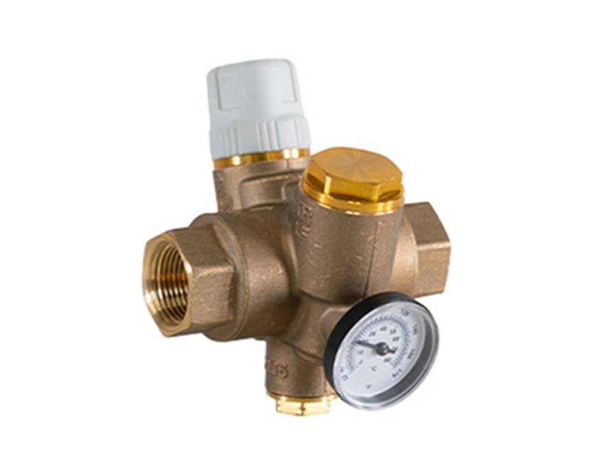 tb-120g - Bronze thermostatic mixing valve with two gray knobs and a pressure gauge. The metallic valve features threaded connections, conveying functionality.