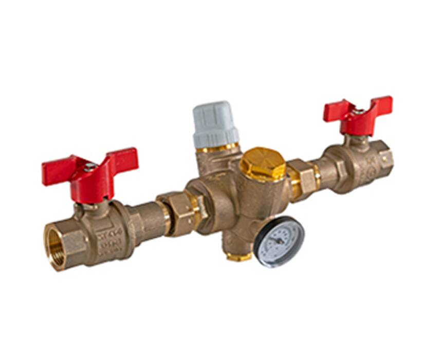 tb-120mg - Brass plumbing valve assembly with two red T-handles, a pressure gauge, a grey cap, and a yellow lever, isolated on a white background.