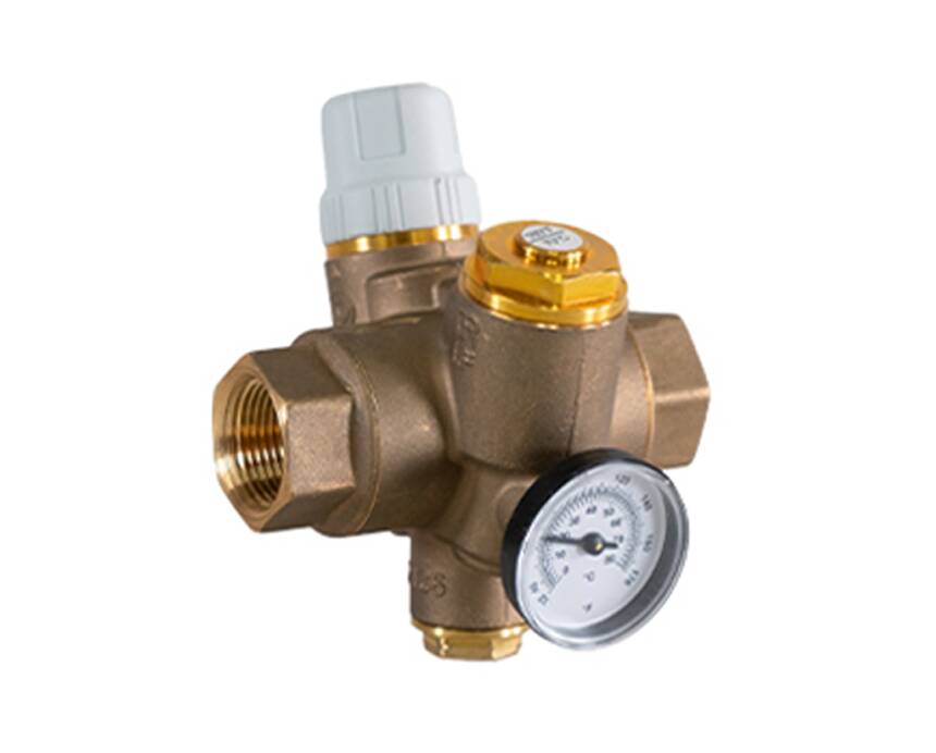 tb-130g - Bronze thermostatic mixing valve with two gray knobs and a pressure gauge. The metallic valve features threaded connections, conveying functionality.